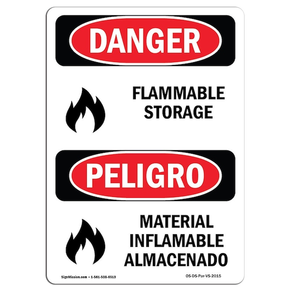 Safety Sign, OSHA Danger, 24" Height, Rigid Plastic, Flammable Storage, Bilingual Spanish